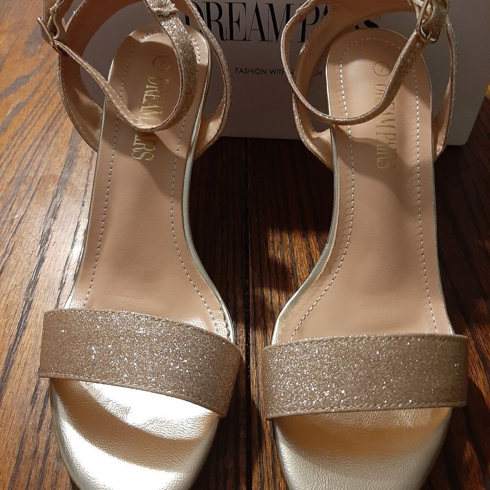 Size 7 Dream Pairs Gold Glitter Stecy-1 Open Toe High Heel Dress Sho… - Picture 2 of 8